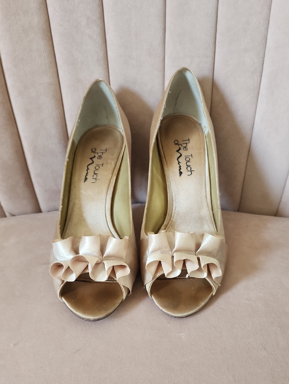 Touch of Nina Nude Peep-Toe Heels with Ruffle Detail